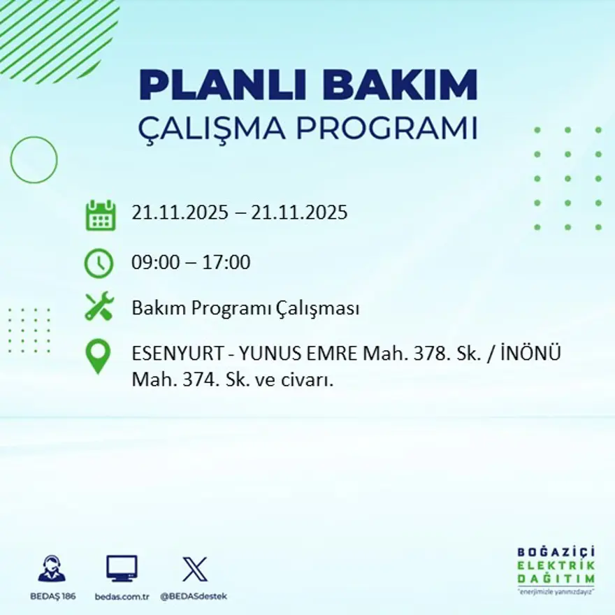 Birçok ilçede uygulanacak: İstanbul'un 22 ilçesinde elektrik kesintisi (21 Kasım BEDAŞ kesinti programı) 82