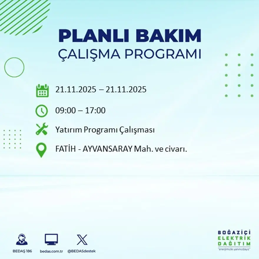 Birçok ilçede uygulanacak: İstanbul'un 22 ilçesinde elektrik kesintisi (21 Kasım BEDAŞ kesinti programı) 104
