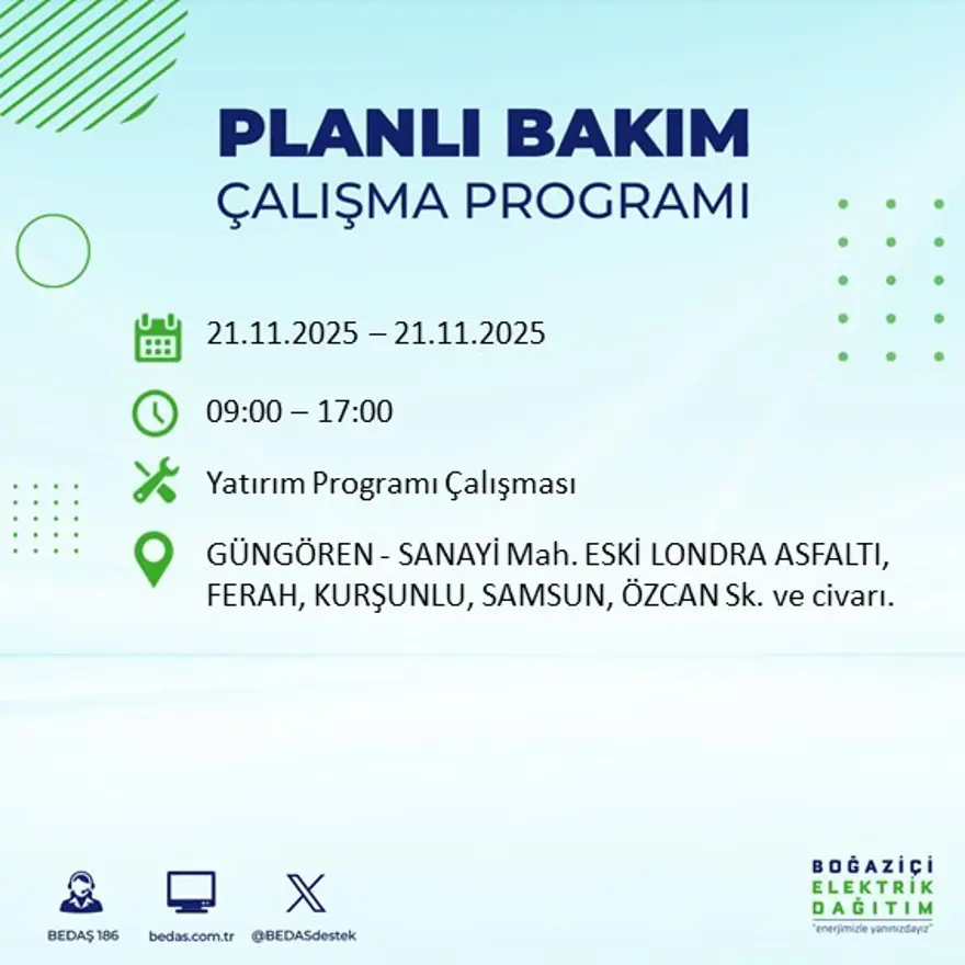 Birçok ilçede uygulanacak: İstanbul'un 22 ilçesinde elektrik kesintisi (21 Kasım BEDAŞ kesinti programı) 68