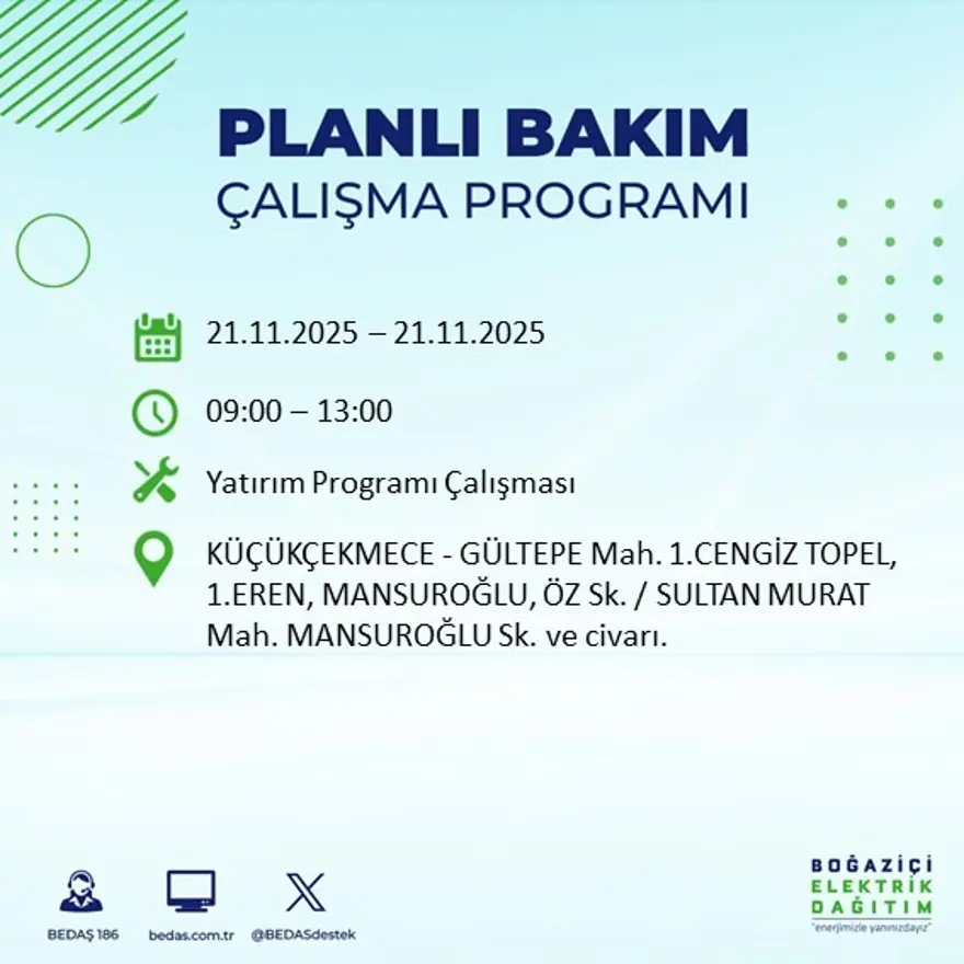 Birçok ilçede uygulanacak: İstanbul'un 22 ilçesinde elektrik kesintisi (21 Kasım BEDAŞ kesinti programı) 64