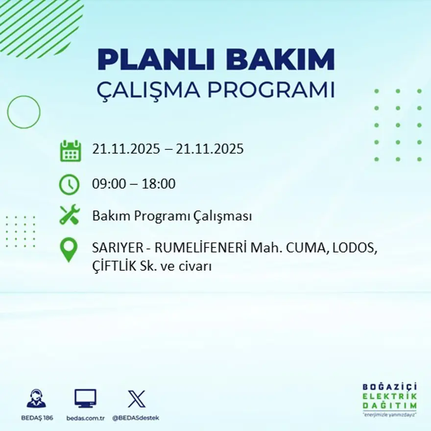 Birçok ilçede uygulanacak: İstanbul'un 22 ilçesinde elektrik kesintisi (21 Kasım BEDAŞ kesinti programı) 86