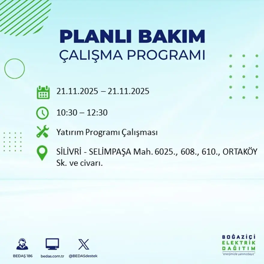 Birçok ilçede uygulanacak: İstanbul'un 22 ilçesinde elektrik kesintisi (21 Kasım BEDAŞ kesinti programı) 87