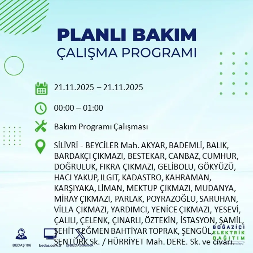 Birçok ilçede uygulanacak: İstanbul'un 22 ilçesinde elektrik kesintisi (21 Kasım BEDAŞ kesinti programı) 39