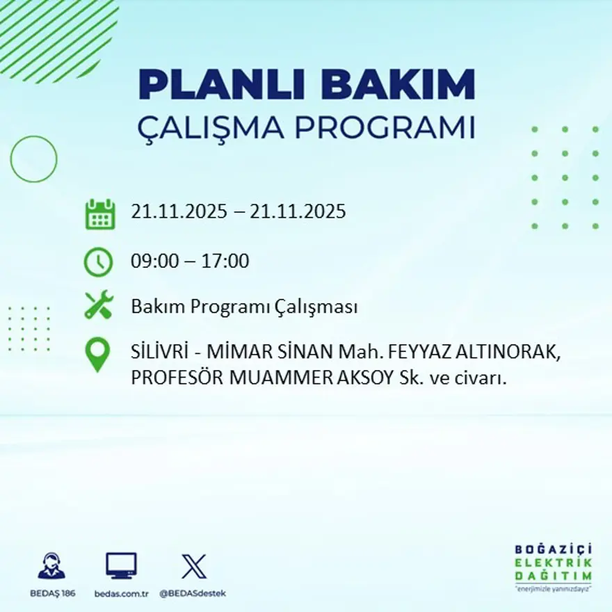 Birçok ilçede uygulanacak: İstanbul'un 22 ilçesinde elektrik kesintisi (21 Kasım BEDAŞ kesinti programı) 71