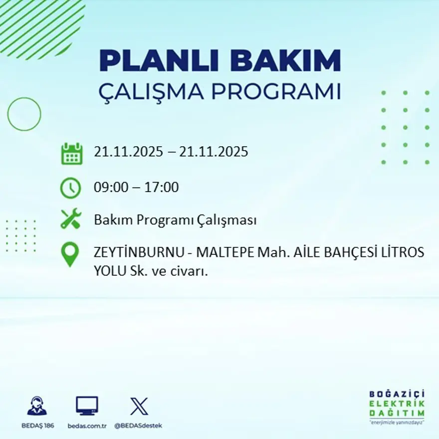 Birçok ilçede uygulanacak: İstanbul'un 22 ilçesinde elektrik kesintisi (21 Kasım BEDAŞ kesinti programı) 83