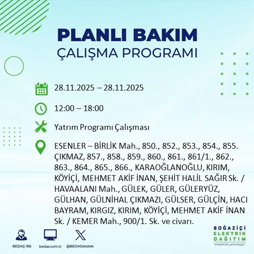 İstanbul'un birçok ilçesinde elektrik kesintisi yaşanacak: 9 saat kadar sürecek (28 Kasım BEDAŞ elektrik kesintisi) 2
