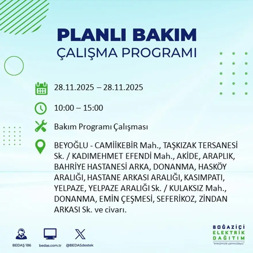 İstanbul'un birçok ilçesinde elektrik kesintisi yaşanacak: 9 saat kadar sürecek (28 Kasım BEDAŞ elektrik kesintisi) 9