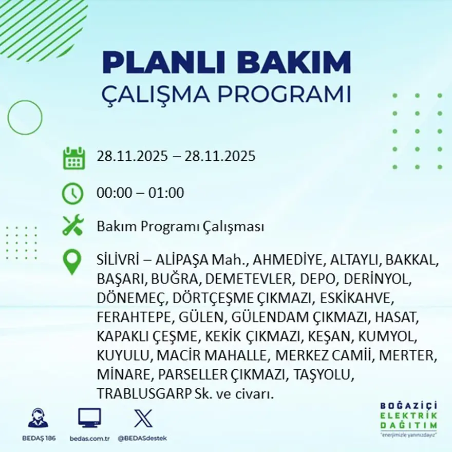 İstanbul'un birçok ilçesinde elektrik kesintisi yaşanacak: 9 saat kadar sürecek (28 Kasım BEDAŞ elektrik kesintisi) 3