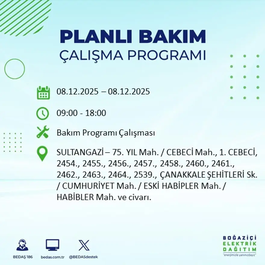 İstanbul'un 23 ilçesinde elektrik kesintisi yaşanacak: 10 saate kadar sürecek (8 Aralık BEDAŞ elektrik kesintisi) 19