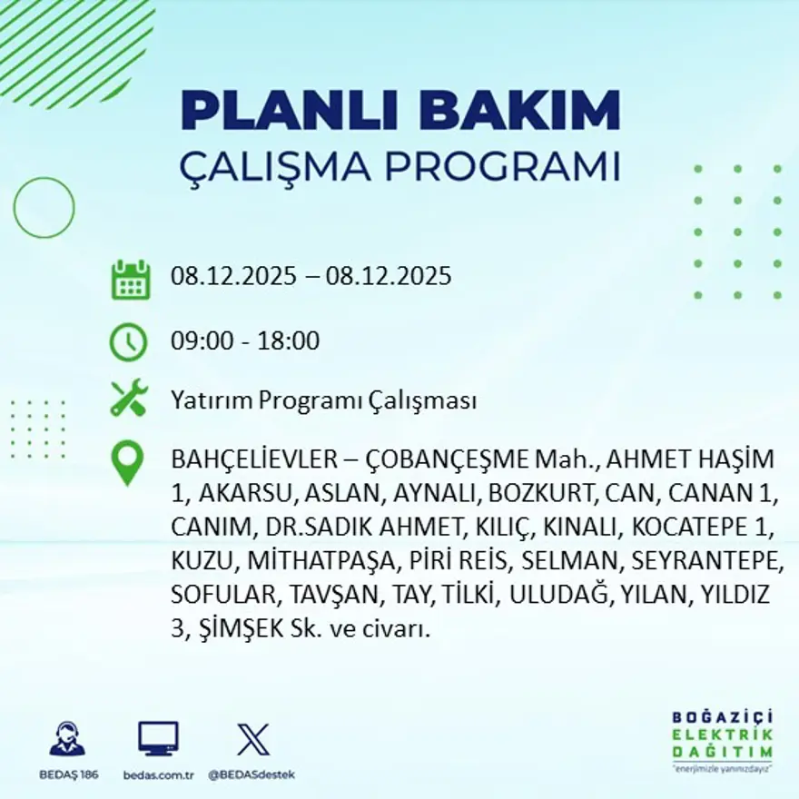İstanbul'un 23 ilçesinde elektrik kesintisi yaşanacak: 10 saate kadar sürecek (8 Aralık BEDAŞ elektrik kesintisi) 9