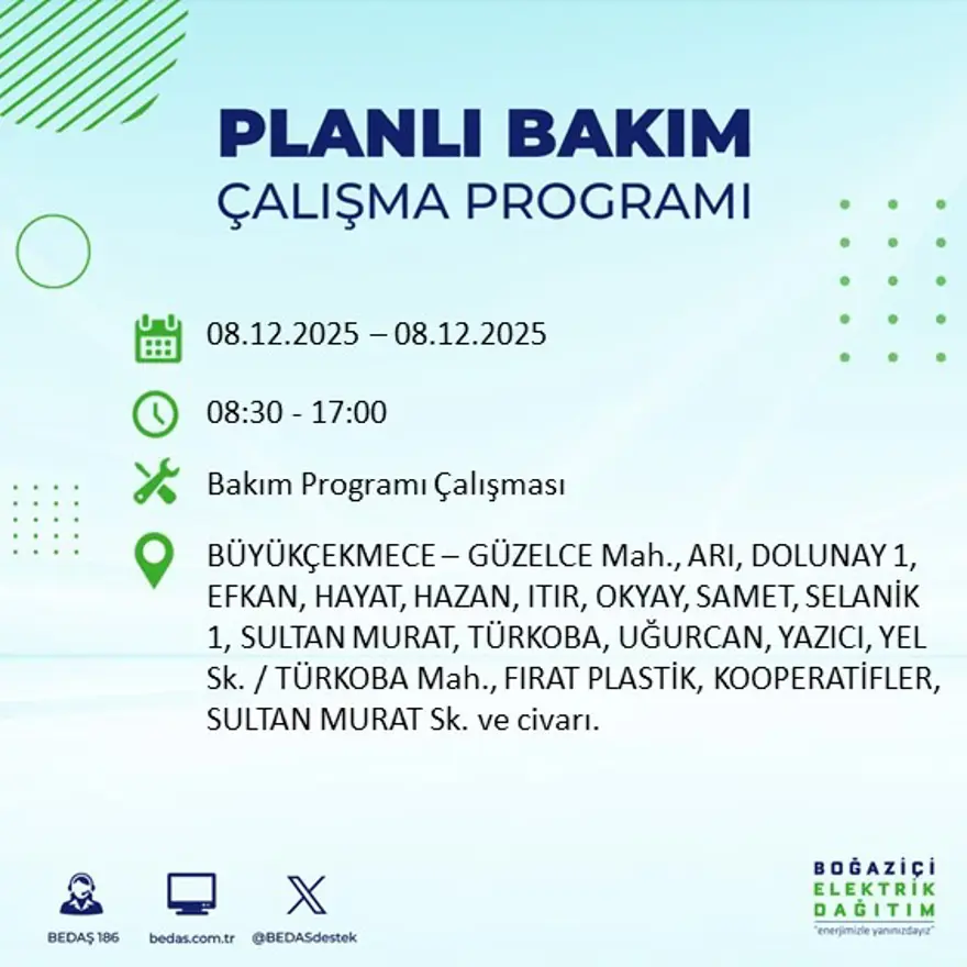 İstanbul'un 23 ilçesinde elektrik kesintisi yaşanacak: 10 saate kadar sürecek (8 Aralık BEDAŞ elektrik kesintisi) 18