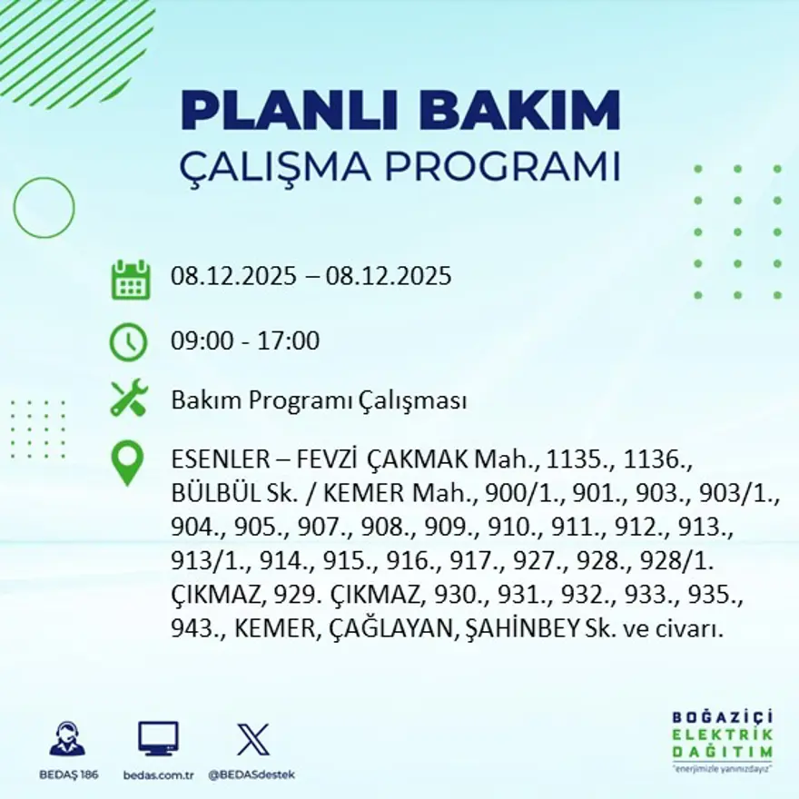İstanbul'un 23 ilçesinde elektrik kesintisi yaşanacak: 10 saate kadar sürecek (8 Aralık BEDAŞ elektrik kesintisi) 8