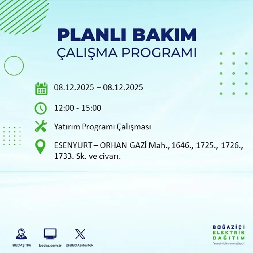 İstanbul'un 23 ilçesinde elektrik kesintisi yaşanacak: 10 saate kadar sürecek (8 Aralık BEDAŞ elektrik kesintisi) 68
