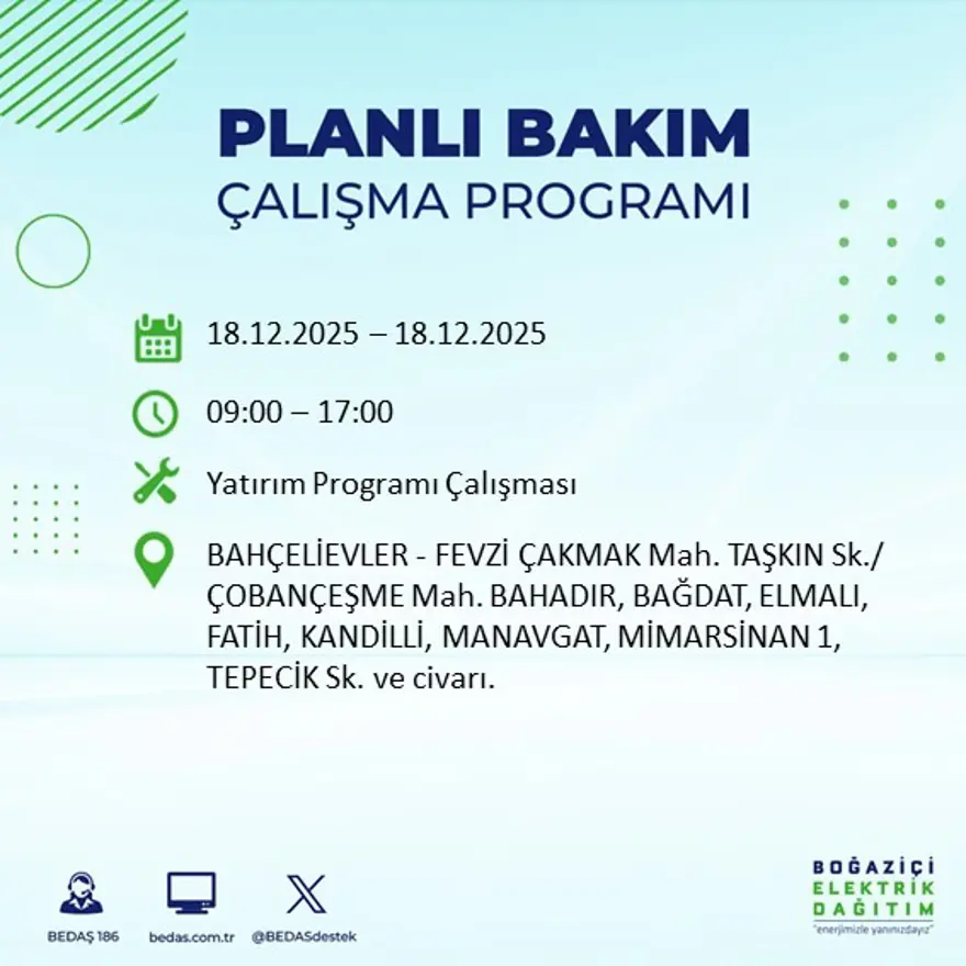 Gece yarısı başlayacak. İstanbul'un 21 ilçesinde elektrik kesintisi yaşanacak (18 Aralık BEDAŞ elektrik kesintisi) 20