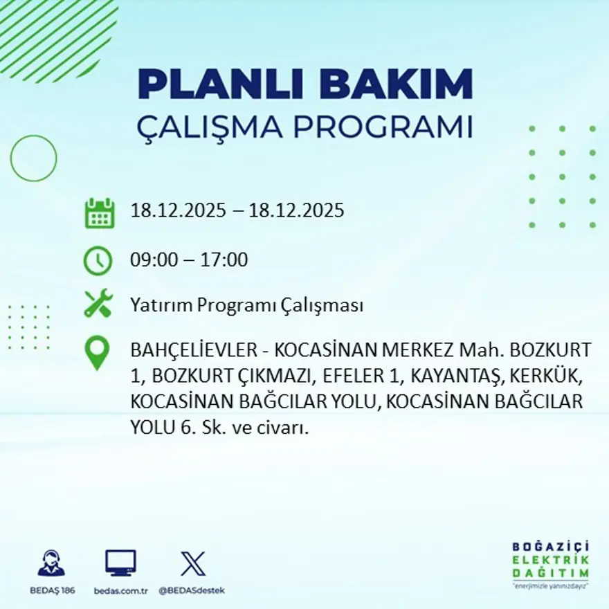 Gece yarısı başlayacak. İstanbul'un 21 ilçesinde elektrik kesintisi yaşanacak (18 Aralık BEDAŞ elektrik kesintisi) 16