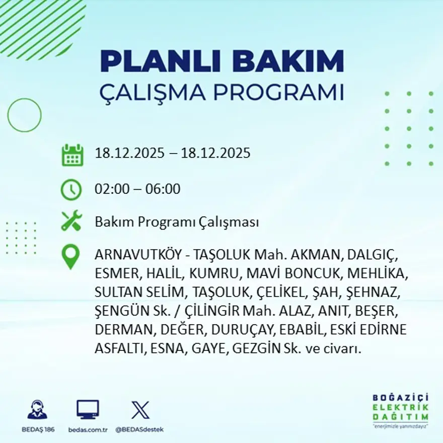 Gece yarısı başlayacak. İstanbul'un 21 ilçesinde elektrik kesintisi yaşanacak (18 Aralık BEDAŞ elektrik kesintisi) 6