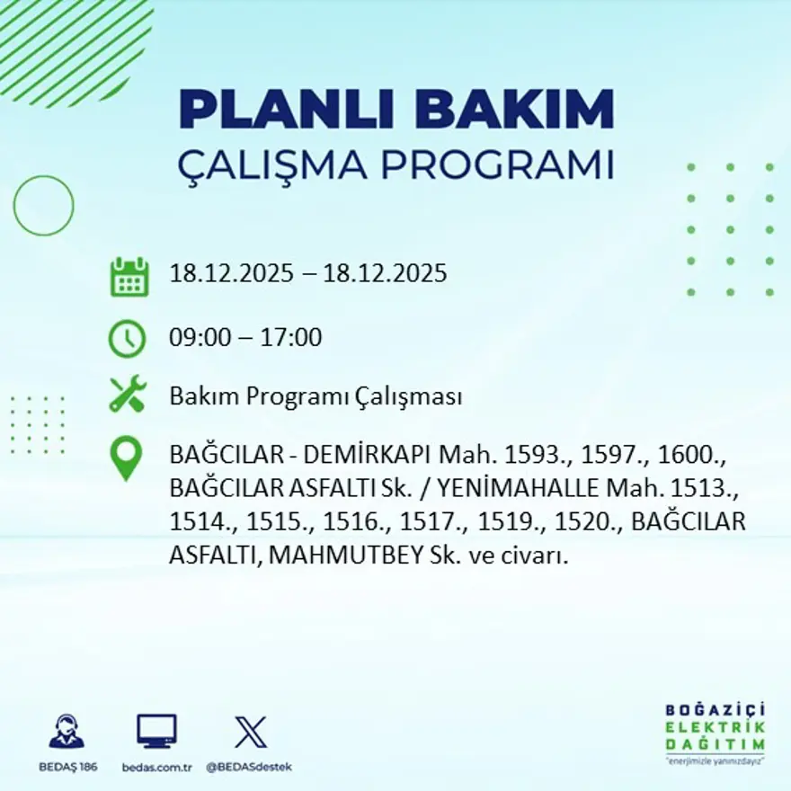 Gece yarısı başlayacak. İstanbul'un 21 ilçesinde elektrik kesintisi yaşanacak (18 Aralık BEDAŞ elektrik kesintisi) 18