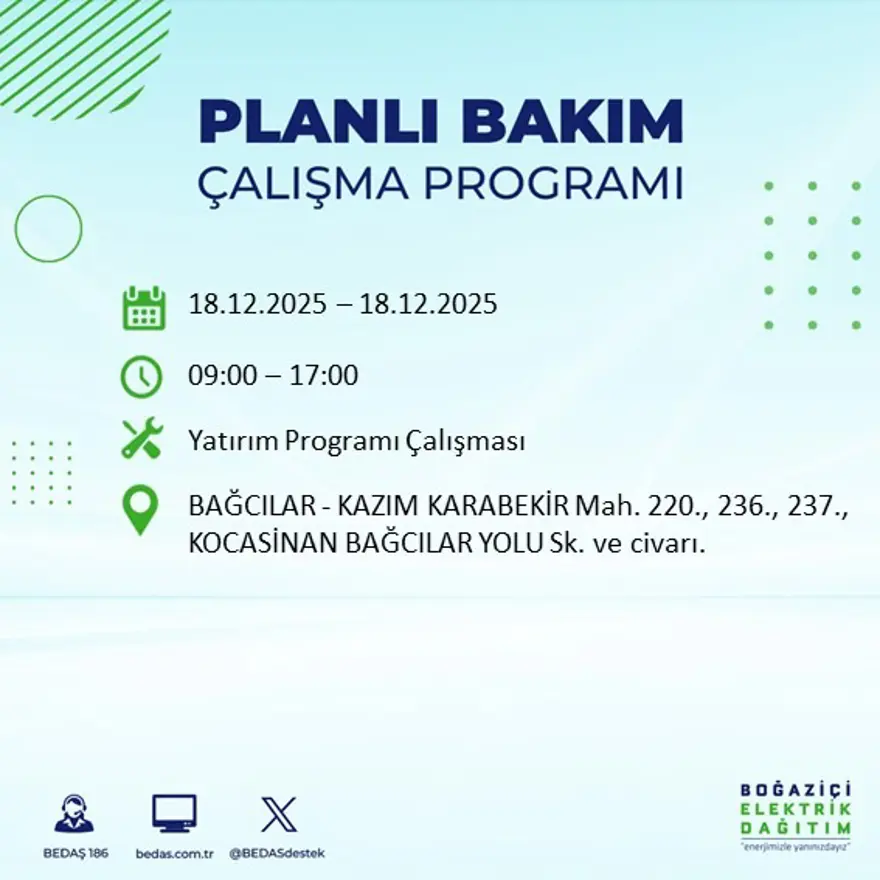 Gece yarısı başlayacak. İstanbul'un 21 ilçesinde elektrik kesintisi yaşanacak (18 Aralık BEDAŞ elektrik kesintisi) 28
