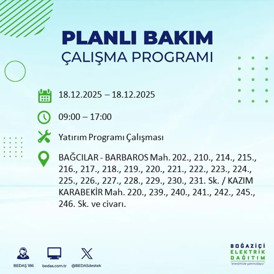Gece yarısı başlayacak. İstanbul'un 21 ilçesinde elektrik kesintisi yaşanacak (18 Aralık BEDAŞ elektrik kesintisi) 12