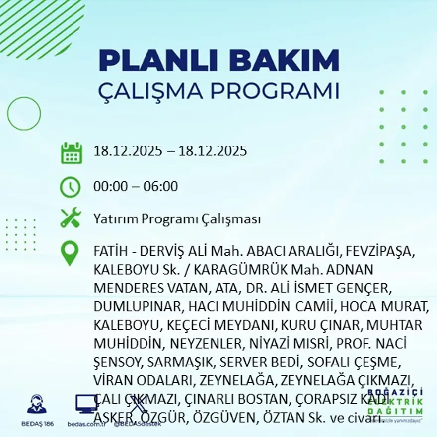 Gece yarısı başlayacak. İstanbul'un 21 ilçesinde elektrik kesintisi yaşanacak (18 Aralık BEDAŞ elektrik kesintisi) 38