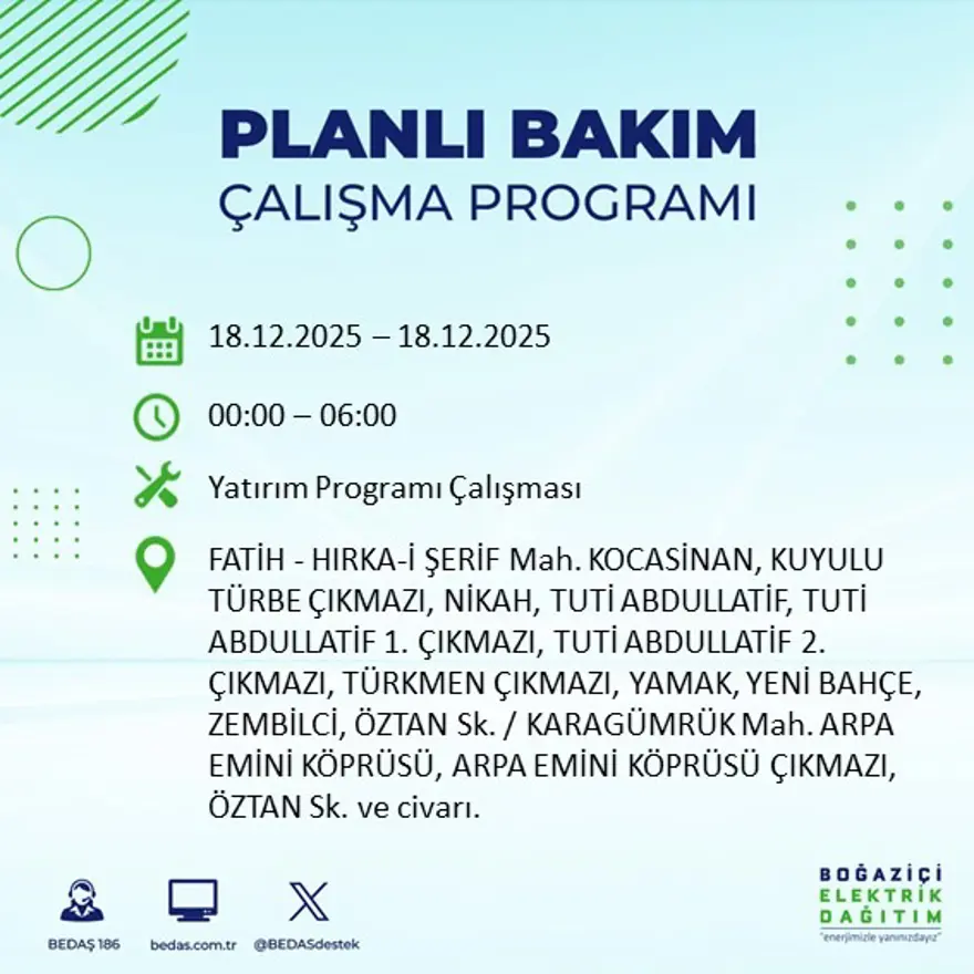 Gece yarısı başlayacak. İstanbul'un 21 ilçesinde elektrik kesintisi yaşanacak (18 Aralık BEDAŞ elektrik kesintisi) 64