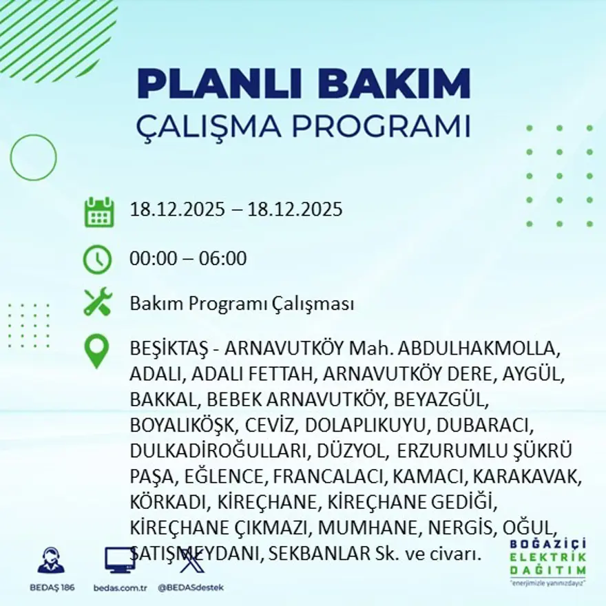 Gece yarısı başlayacak. İstanbul'un 21 ilçesinde elektrik kesintisi yaşanacak (18 Aralık BEDAŞ elektrik kesintisi) 52