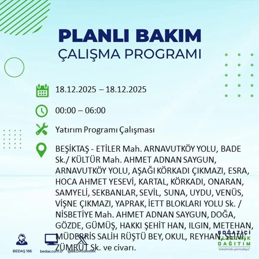 Gece yarısı başlayacak. İstanbul'un 21 ilçesinde elektrik kesintisi yaşanacak (18 Aralık BEDAŞ elektrik kesintisi) 42