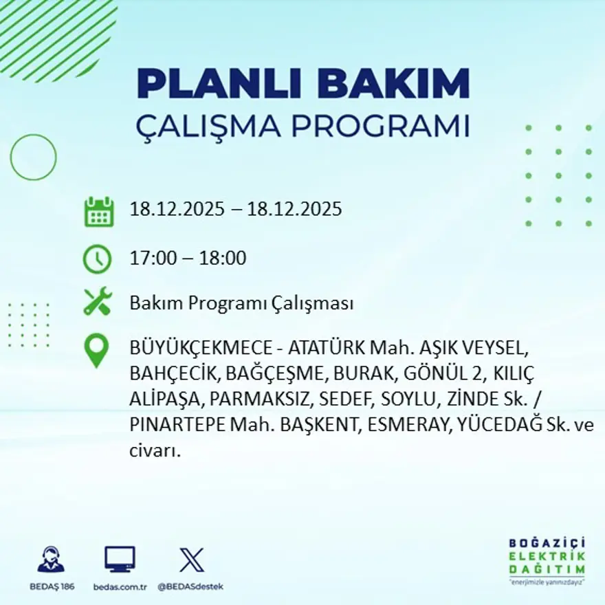 Gece yarısı başlayacak. İstanbul'un 21 ilçesinde elektrik kesintisi yaşanacak (18 Aralık BEDAŞ elektrik kesintisi) 76