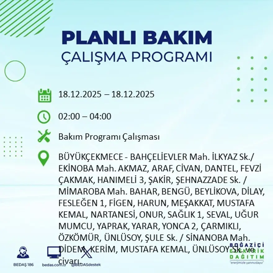 Gece yarısı başlayacak. İstanbul'un 21 ilçesinde elektrik kesintisi yaşanacak (18 Aralık BEDAŞ elektrik kesintisi) 43