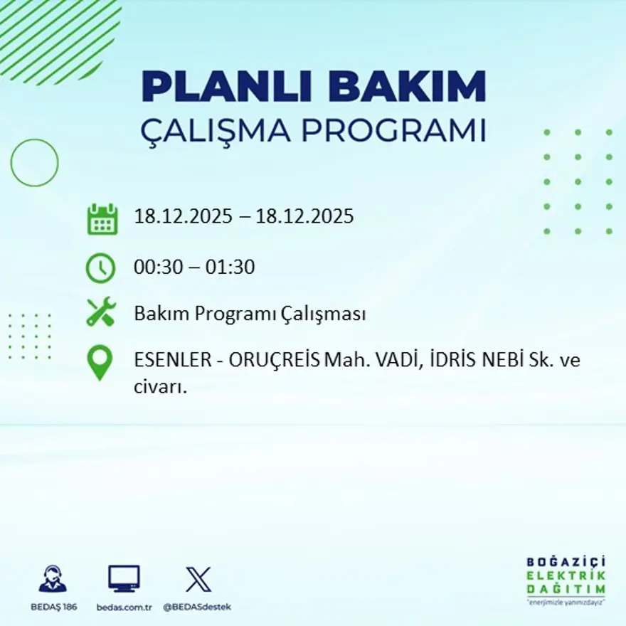 Gece yarısı başlayacak. İstanbul'un 21 ilçesinde elektrik kesintisi yaşanacak (18 Aralık BEDAŞ elektrik kesintisi) 111