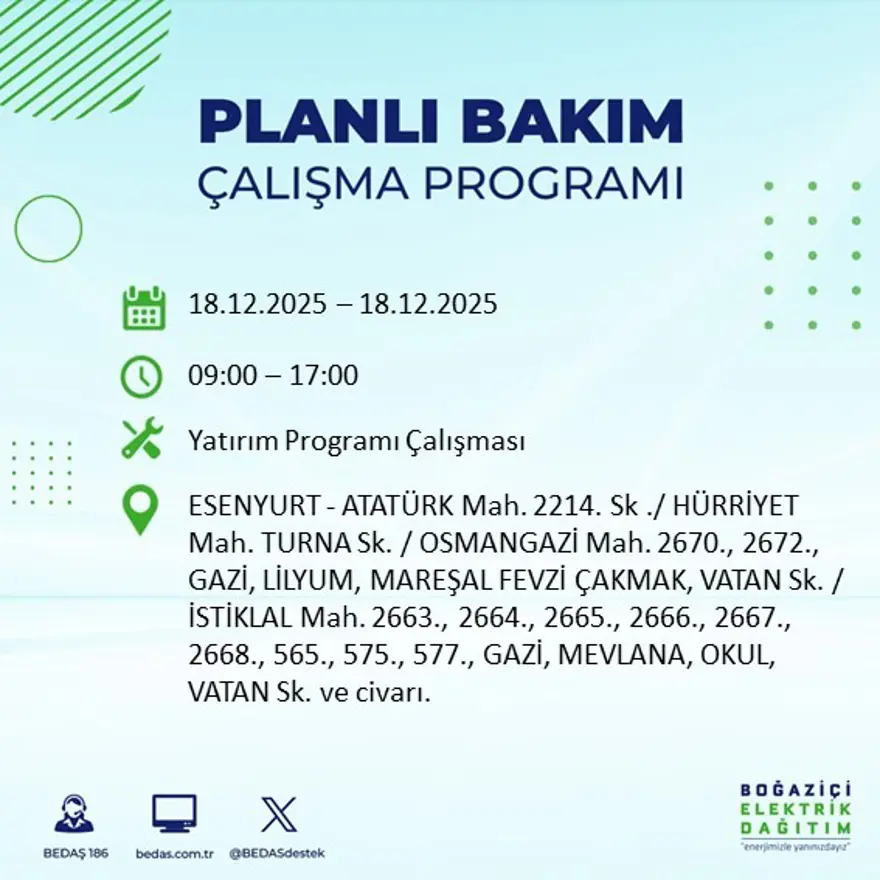 Gece yarısı başlayacak. İstanbul'un 21 ilçesinde elektrik kesintisi yaşanacak (18 Aralık BEDAŞ elektrik kesintisi) 71