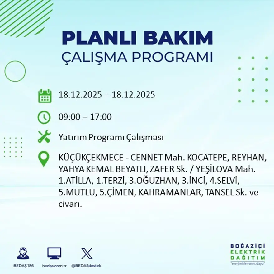 Gece yarısı başlayacak. İstanbul'un 21 ilçesinde elektrik kesintisi yaşanacak (18 Aralık BEDAŞ elektrik kesintisi) 77