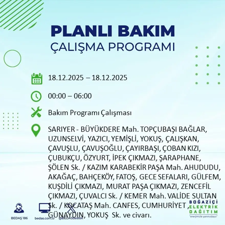Gece yarısı başlayacak. İstanbul'un 21 ilçesinde elektrik kesintisi yaşanacak (18 Aralık BEDAŞ elektrik kesintisi) 40