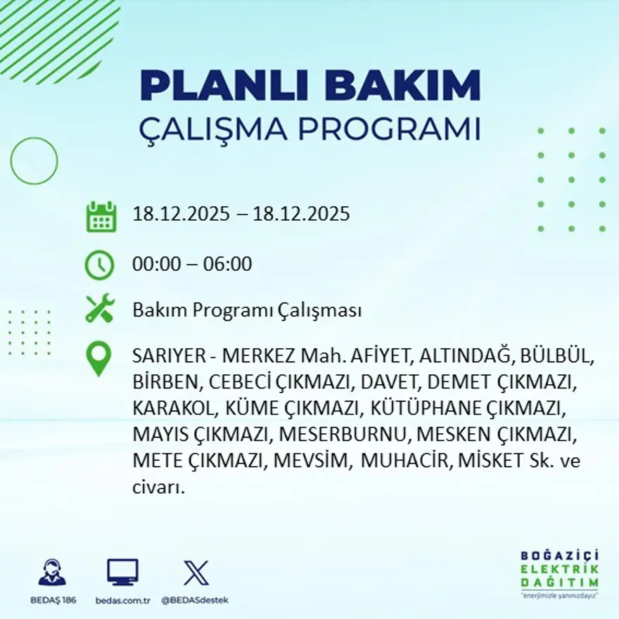 Gece yarısı başlayacak. İstanbul'un 21 ilçesinde elektrik kesintisi yaşanacak (18 Aralık BEDAŞ elektrik kesintisi) 70