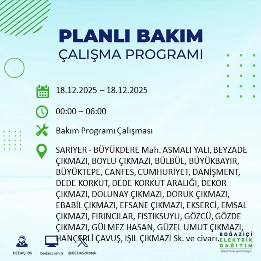 Gece yarısı başlayacak. İstanbul'un 21 ilçesinde elektrik kesintisi yaşanacak (18 Aralık BEDAŞ elektrik kesintisi) 45