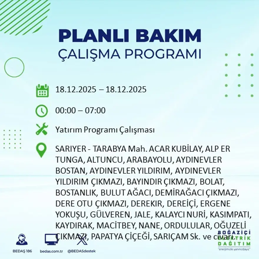 Gece yarısı başlayacak. İstanbul'un 21 ilçesinde elektrik kesintisi yaşanacak (18 Aralık BEDAŞ elektrik kesintisi) 50
