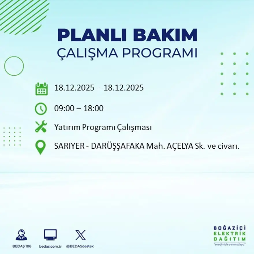 Gece yarısı başlayacak. İstanbul'un 21 ilçesinde elektrik kesintisi yaşanacak (18 Aralık BEDAŞ elektrik kesintisi) 113