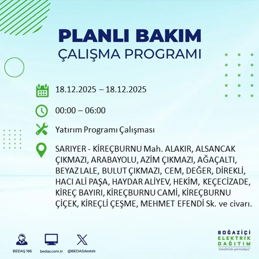 Gece yarısı başlayacak. İstanbul'un 21 ilçesinde elektrik kesintisi yaşanacak (18 Aralık BEDAŞ elektrik kesintisi) 63