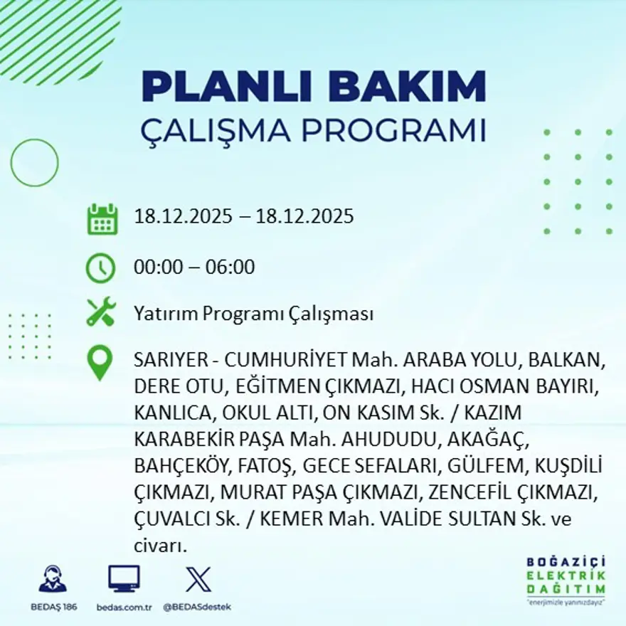 Gece yarısı başlayacak. İstanbul'un 21 ilçesinde elektrik kesintisi yaşanacak (18 Aralık BEDAŞ elektrik kesintisi) 55