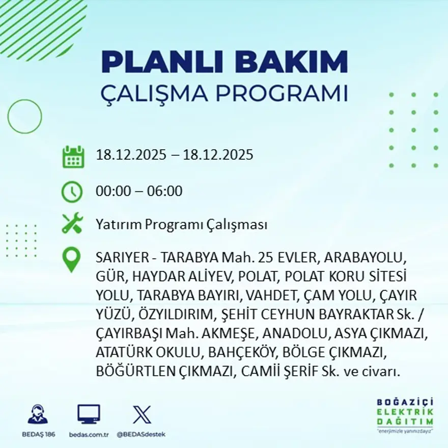 Gece yarısı başlayacak. İstanbul'un 21 ilçesinde elektrik kesintisi yaşanacak (18 Aralık BEDAŞ elektrik kesintisi) 57
