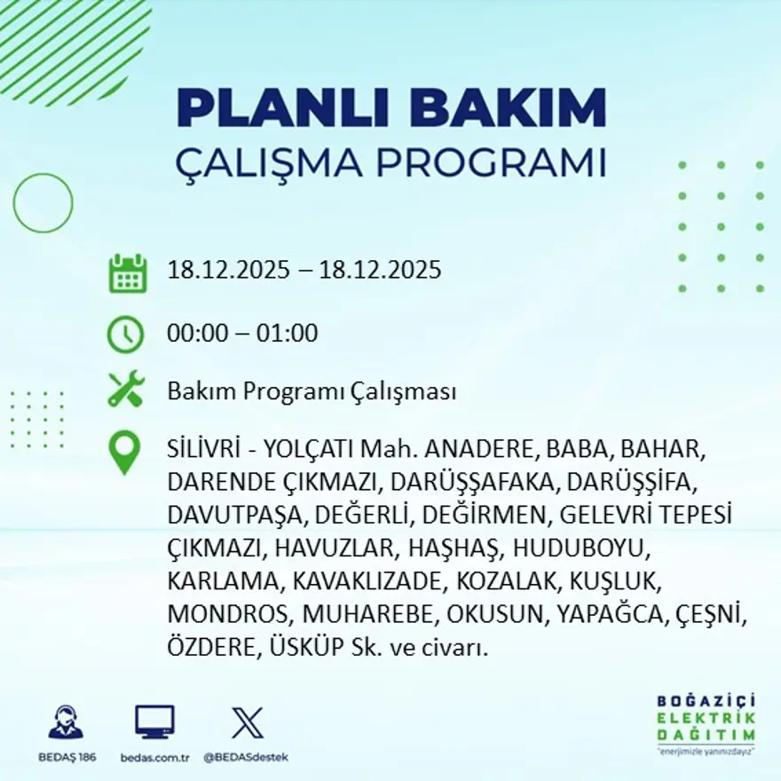 Gece yarısı başlayacak. İstanbul'un 21 ilçesinde elektrik kesintisi yaşanacak (18 Aralık BEDAŞ elektrik kesintisi) 60