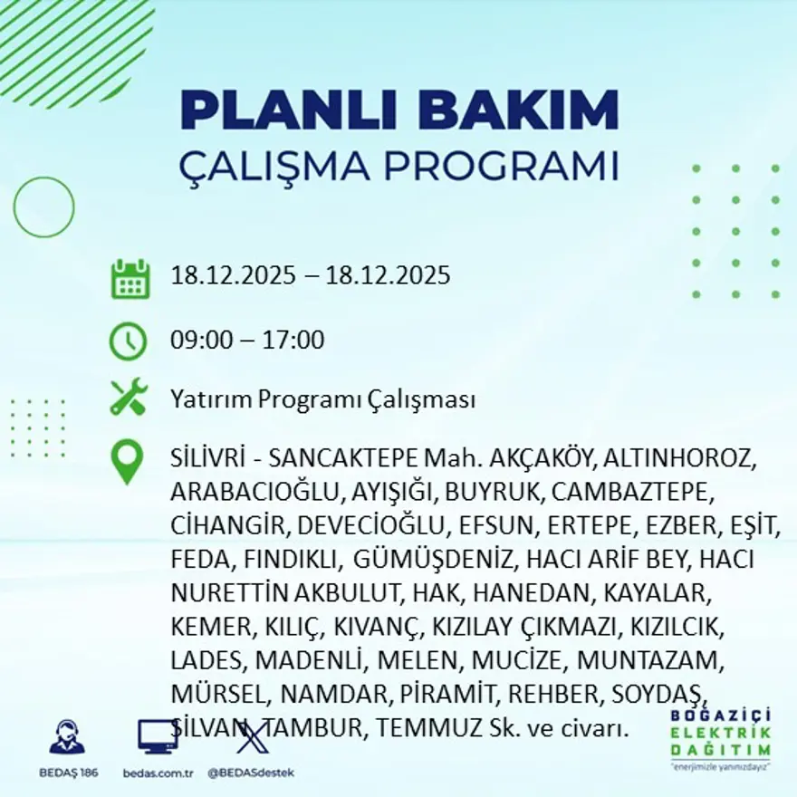 Gece yarısı başlayacak. İstanbul'un 21 ilçesinde elektrik kesintisi yaşanacak (18 Aralık BEDAŞ elektrik kesintisi) 48