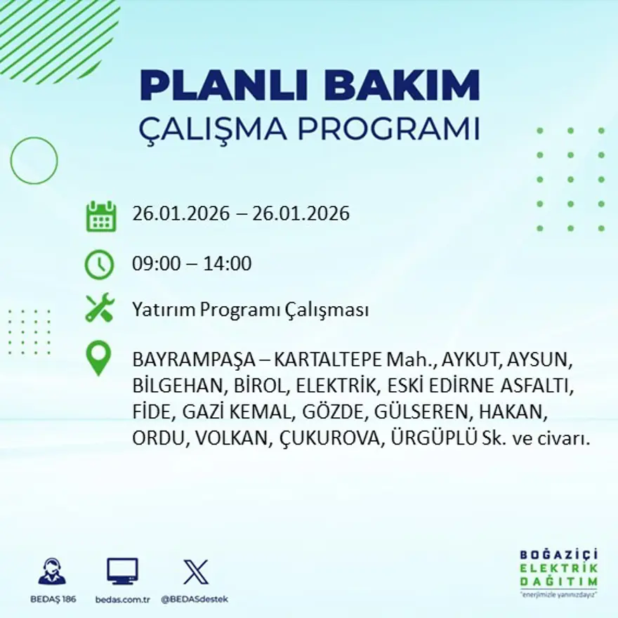 Bu gece başlayacak! İstanbul'un 22 ilçesinde elektrik kesintisi: 16 saat sürecek (26 Ocak BEDAŞ elektrik kesintisi) 17