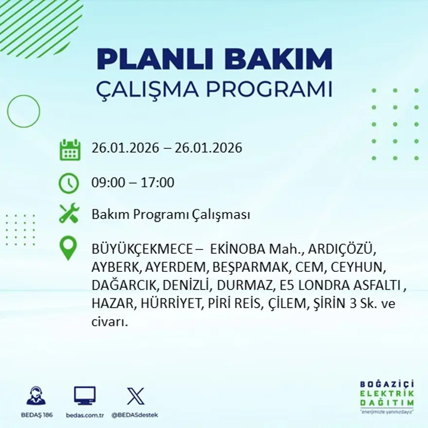 Bu gece başlayacak! İstanbul'un 22 ilçesinde elektrik kesintisi: 16 saat sürecek (26 Ocak BEDAŞ elektrik kesintisi) 16