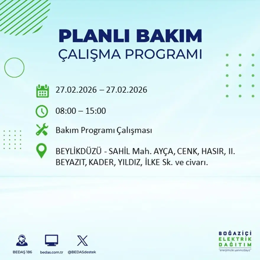 İstanbul'un 24 ilçesinde yarın elektrikler olmayacak: Birçok ilçede 6 saat elektrik kesintisi yaşanacak (27 Şubat BEDAŞ kesinti programı) 27