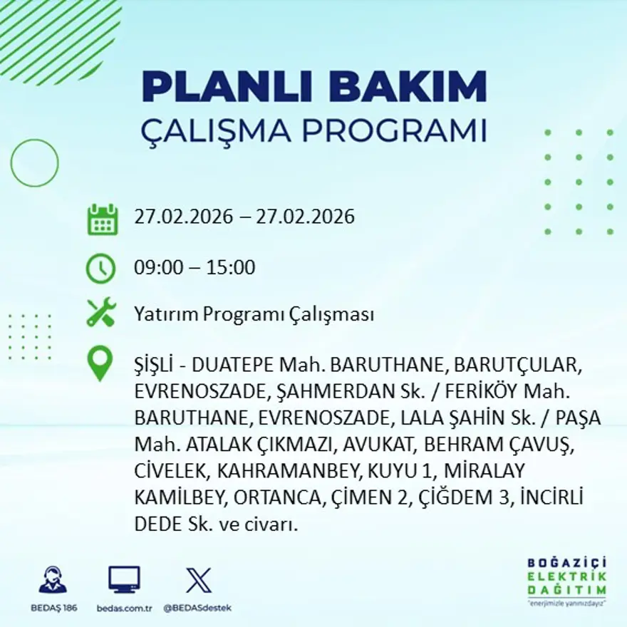 İstanbul'un 24 ilçesinde yarın elektrikler olmayacak: Birçok ilçede 6 saat elektrik kesintisi yaşanacak (27 Şubat BEDAŞ kesinti programı) 6