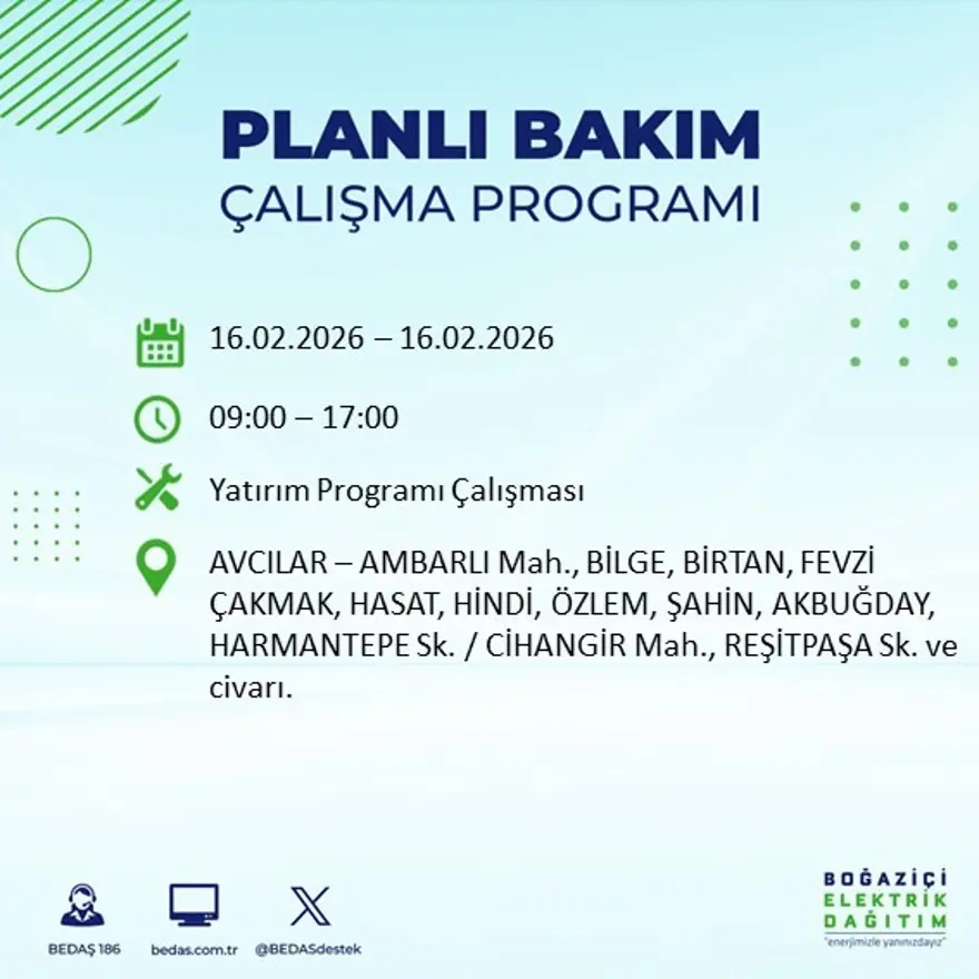 İstanbul'un 18 ilçesi yarın karanlıkta kalacak: Birçok ilçede 8 saat elektrik kesintisi yaşanacak (16 Şubat BEDAŞ kesinti programı) 25