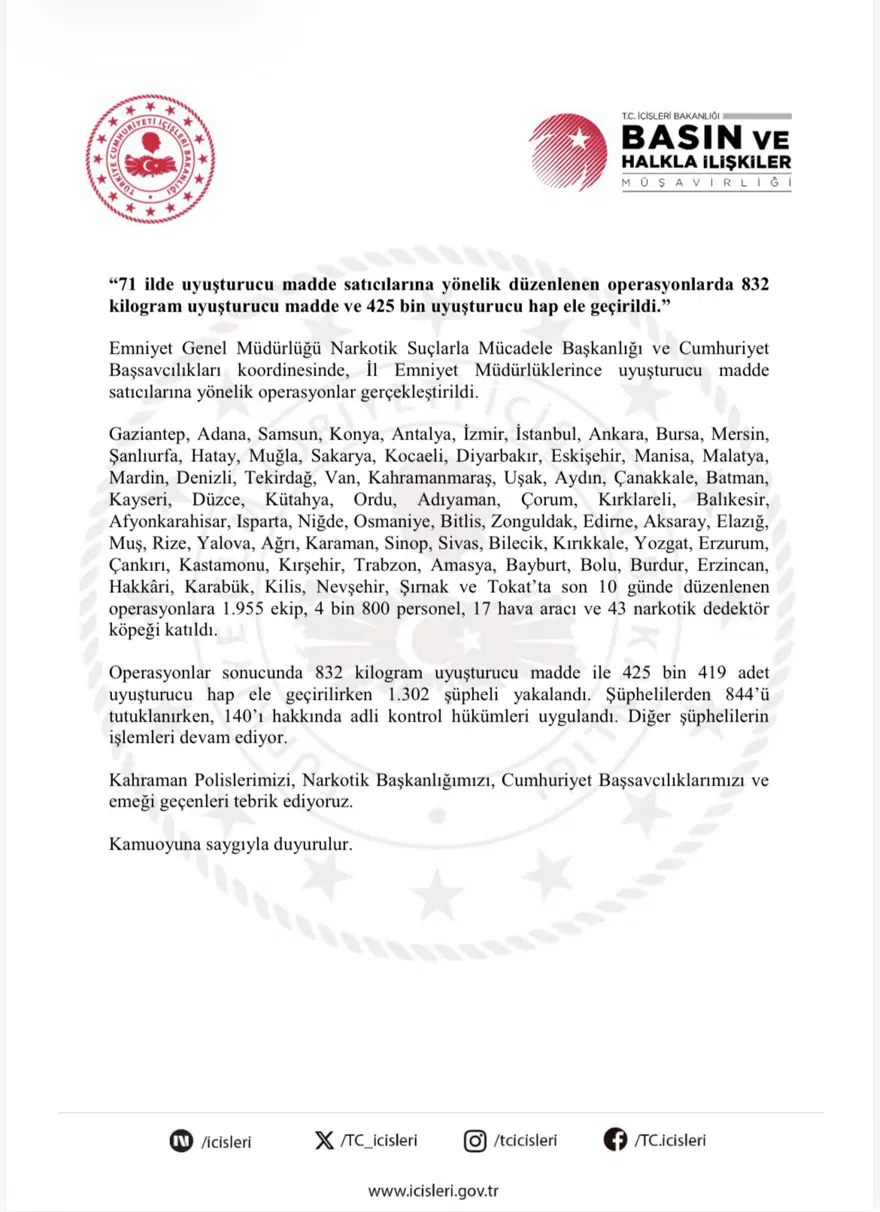 İçişleri Bakanlığı açıkladı. 71 ilde 844 şüpheli tutuklandı 2