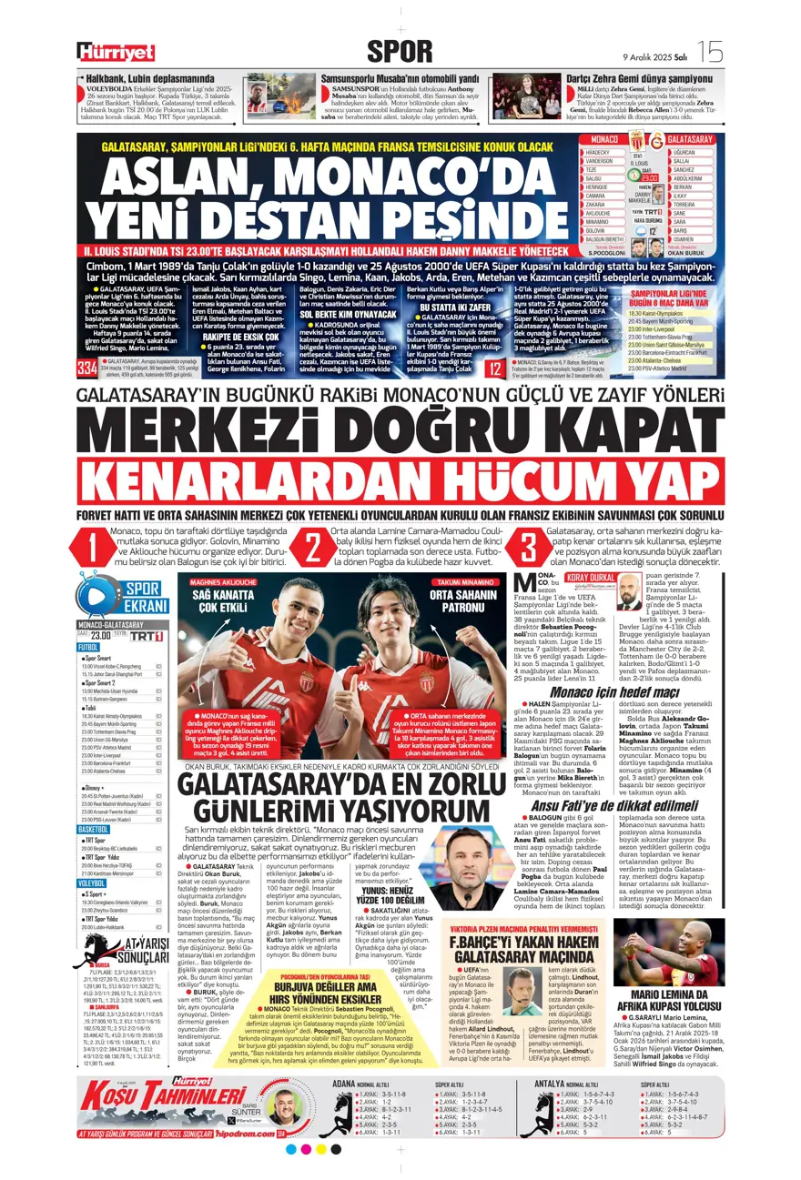 "Tedesco'nun başını rotasyon yaktı" (9 Aralık 2025 spor manşetleri) 10