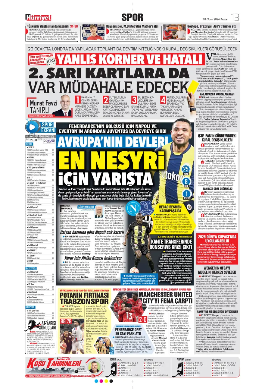 "Yetiş Osimhen" (18 Ocak 2026 spor manşetleri) 11